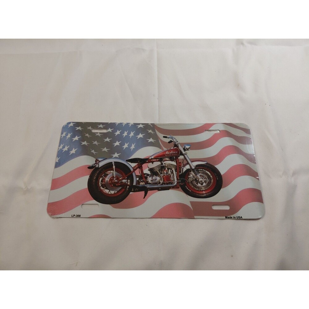 Truck & Car Metal Vanity PlateRed Motorcycle Against an American Flag Background